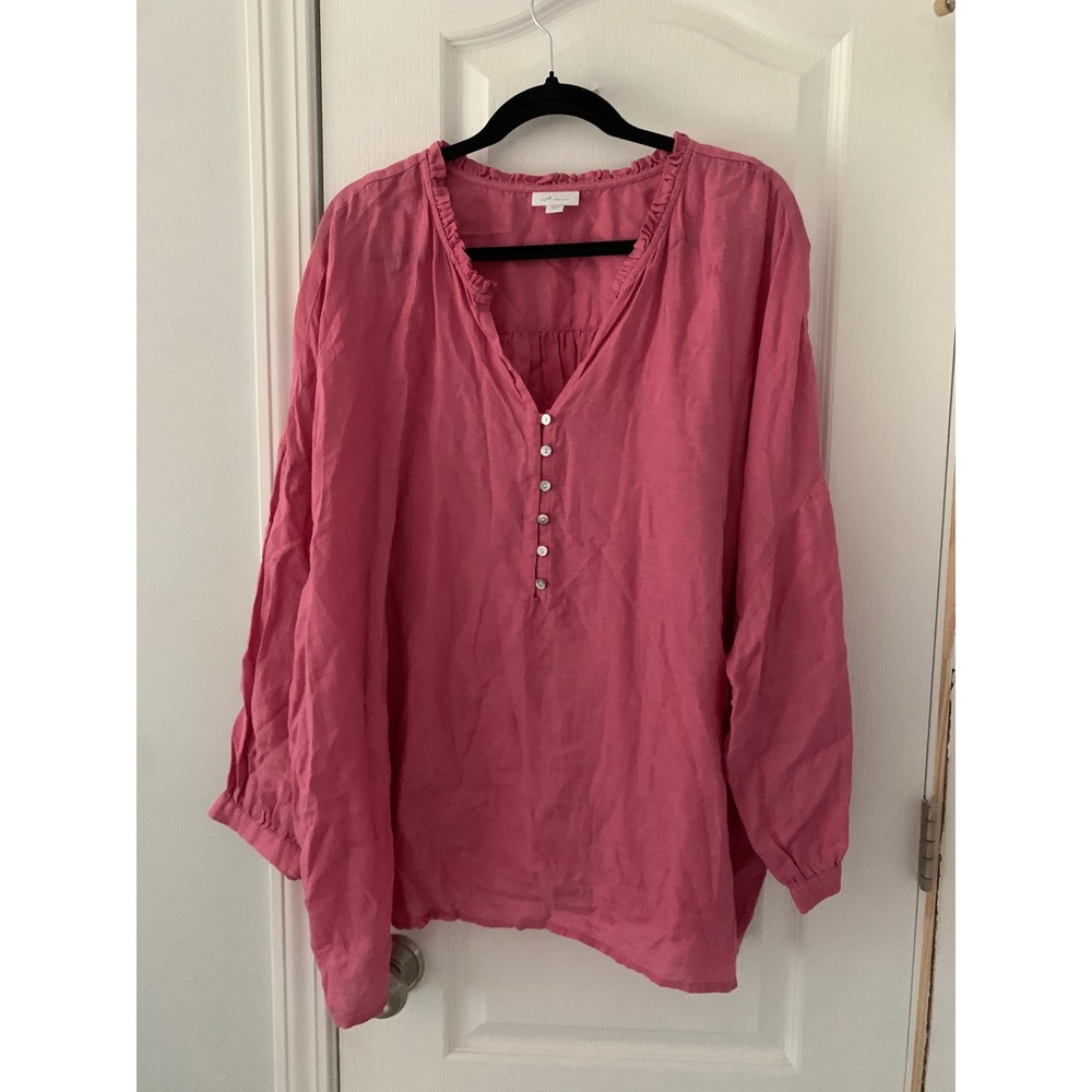 J. Jill Love Linen Pink Ruffle Neck Tunic Blouse 4X Plus Size 100% Linen Top